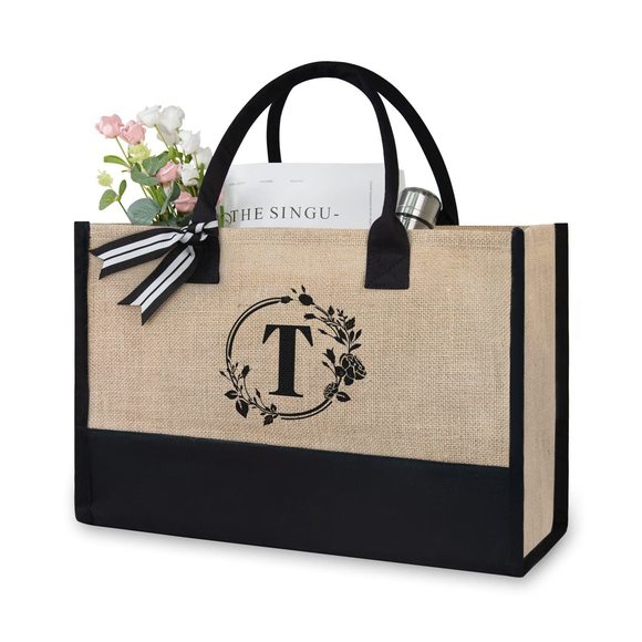 Initial Jute/Canvas Tote Bag, Personalized Present Bag, Suitable Wedding, : - Picture 1 of 6